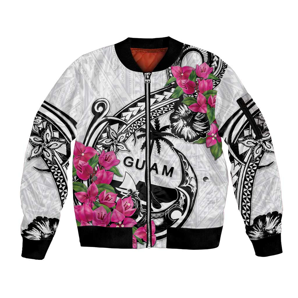 Guam Chamorro Sleeve Zip Bomber Jacket Bougainvillea White Polynesian Tribal Pattern