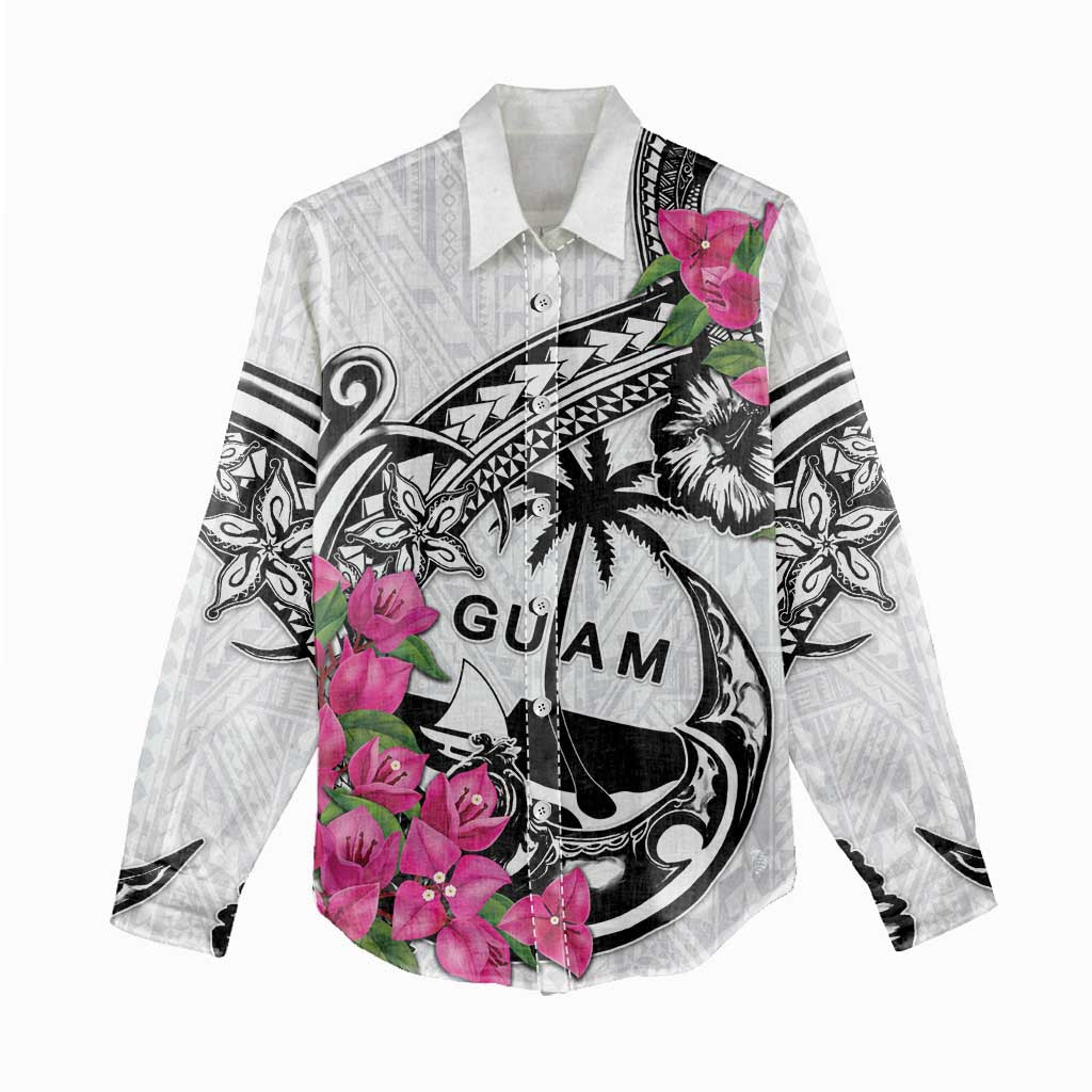 Guam Chamorro Women Casual Shirt Bougainvillea White Polynesian Tribal Pattern LT05 - Polynesian Pride