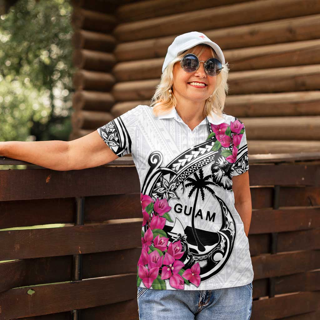Guam Chamorro Women Polo Shirt Bougainvillea White Polynesian Tribal Pattern