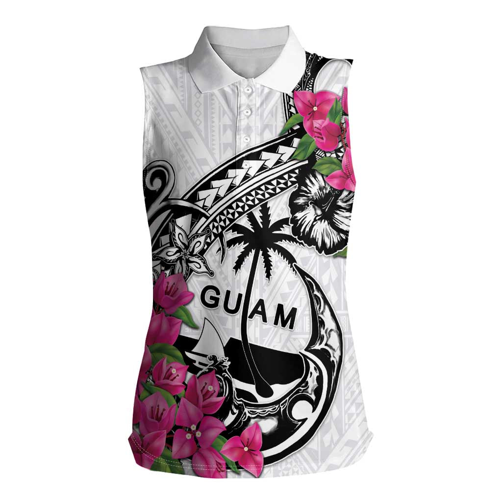 Guam Chamorro Women Sleeveless Polo Shirt Bougainvillea White Polynesian Tribal Pattern