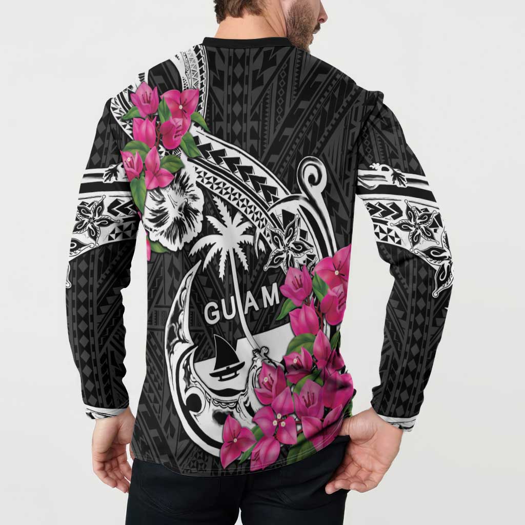 Guam Chamorro Button Sweatshirt Bougainvillea Black Polynesian Tribal Pattern