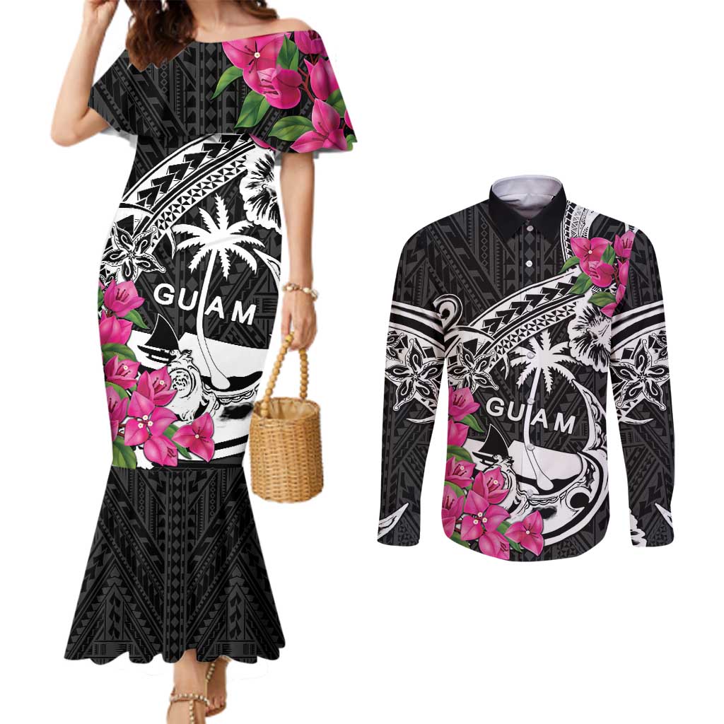 Guam Chamorro Couples Matching Mermaid Dress and Long Sleeve Button Shirt Bougainvillea Black Polynesian Tribal Pattern