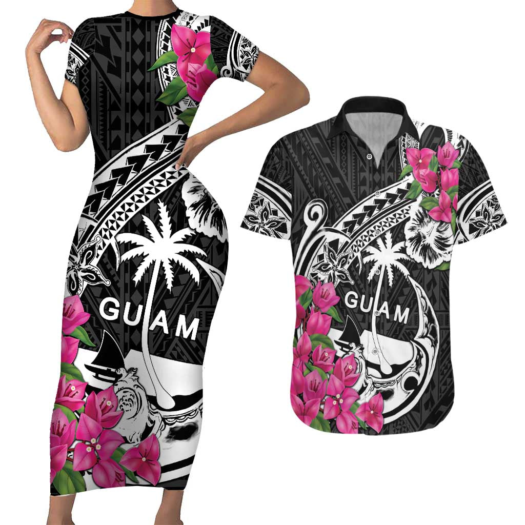 Guam Chamorro Couples Matching Short Sleeve Bodycon Dress and Hawaiian Shirt Bougainvillea Black Polynesian Tribal Pattern