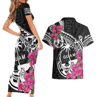 Guam Chamorro Couples Matching Short Sleeve Bodycon Dress and Hawaiian Shirt Bougainvillea Black Polynesian Tribal Pattern