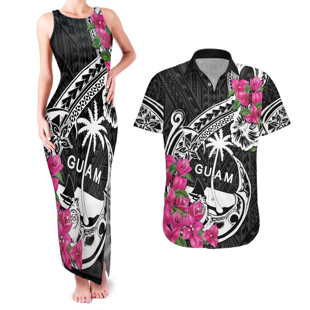 Guam Chamorro Couples Matching Tank Maxi Dress and Hawaiian Shirt Bougainvillea Black Polynesian Tribal Pattern