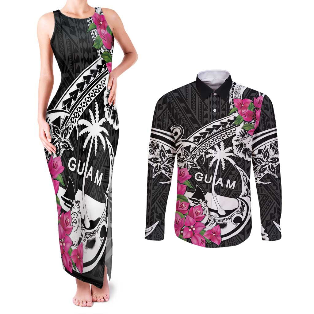 Guam Chamorro Couples Matching Tank Maxi Dress and Long Sleeve Button Shirt Bougainvillea Black Polynesian Tribal Pattern