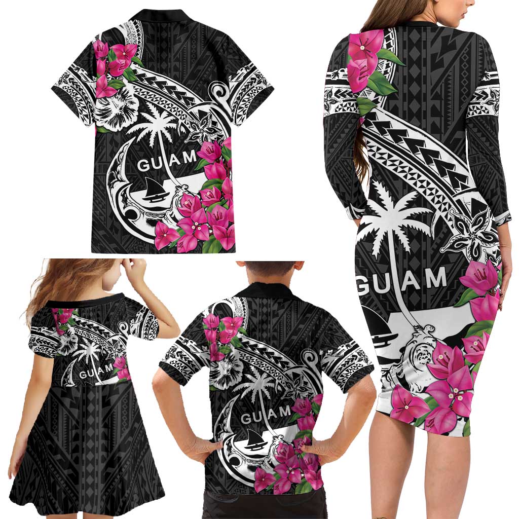 Guam Chamorro Family Matching Long Sleeve Bodycon Dress and Hawaiian Shirt Bougainvillea Black Polynesian Tribal Pattern LT05 - Polynesian Pride