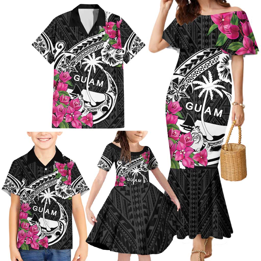 Guam Chamorro Family Matching Mermaid Dress and Hawaiian Shirt Bougainvillea Black Polynesian Tribal Pattern LT05 - Polynesian Pride
