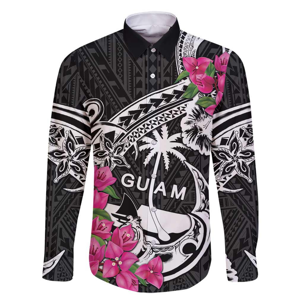 Guam Chamorro Family Matching Mermaid Dress and Hawaiian Shirt Bougainvillea Black Polynesian Tribal Pattern LT05 Dad's Shirt - Long Sleeve Black - Polynesian Pride