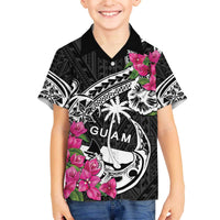 Guam Chamorro Family Matching Off The Shoulder Long Sleeve Dress and Hawaiian Shirt Bougainvillea Black Polynesian Tribal Pattern