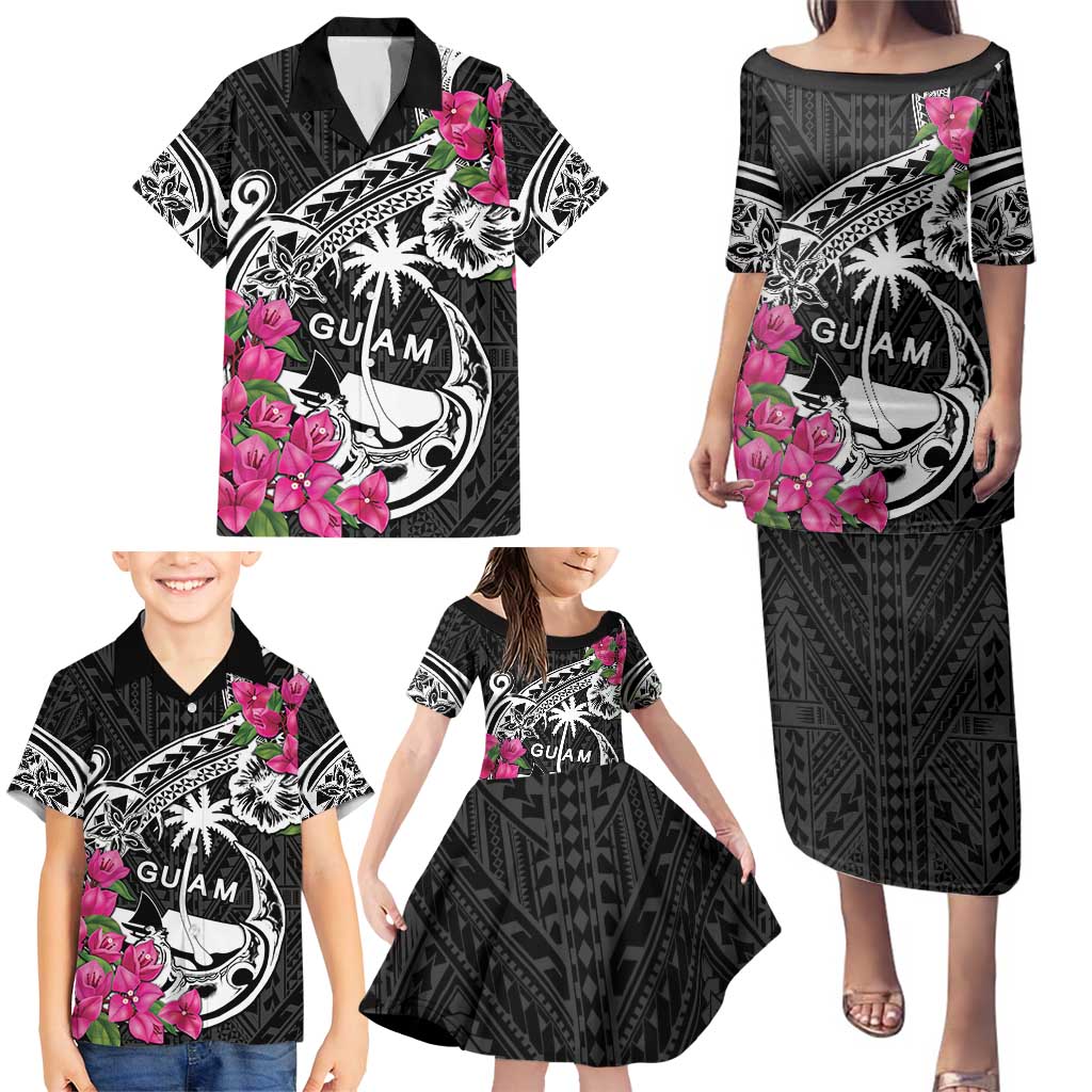 Guam Chamorro Family Matching Puletasi and Hawaiian Shirt Bougainvillea Black Polynesian Tribal Pattern