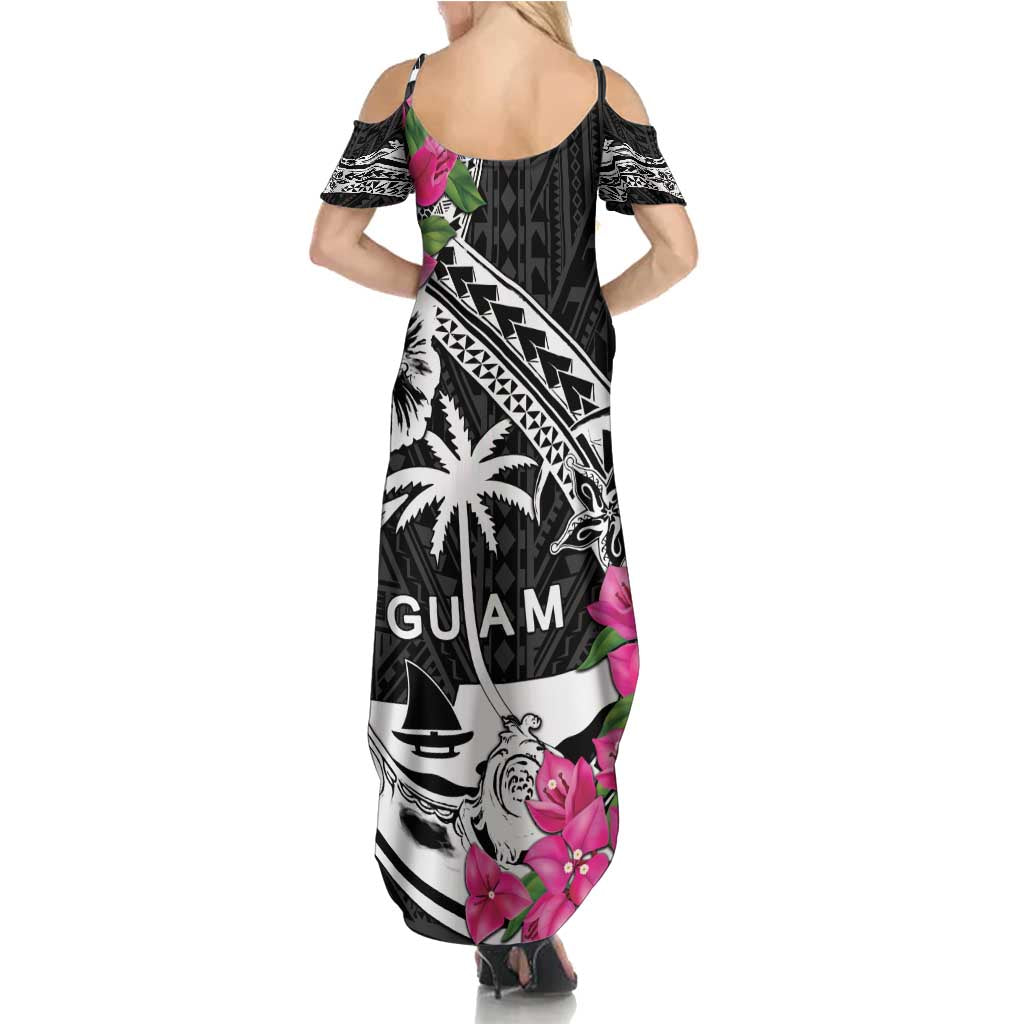 Guam Chamorro Family Matching Summer Maxi Dress and Hawaiian Shirt Bougainvillea Black Polynesian Tribal Pattern