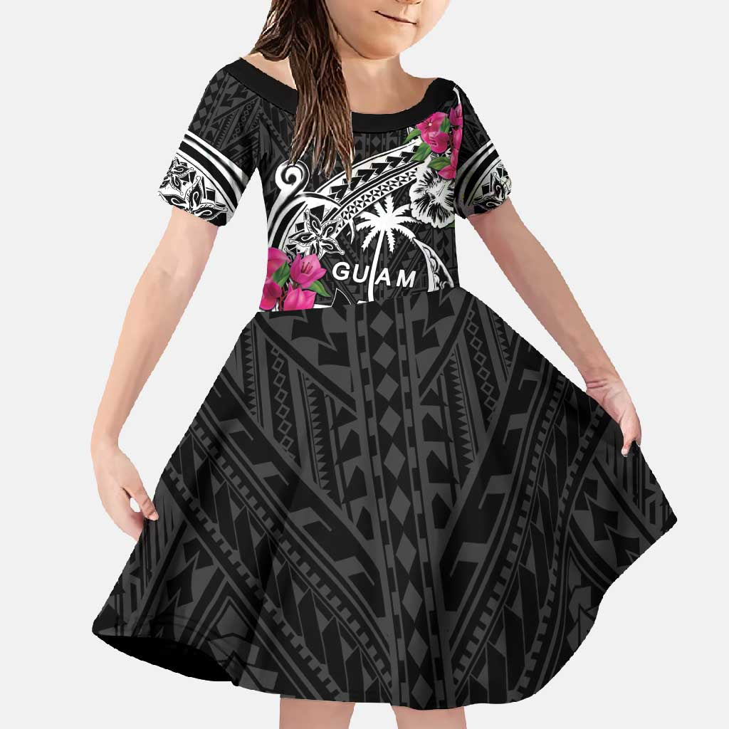 Guam Chamorro Family Matching Tank Maxi Dress and Hawaiian Shirt Bougainvillea Black Polynesian Tribal Pattern