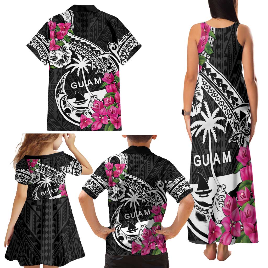 Guam Chamorro Family Matching Tank Maxi Dress and Hawaiian Shirt Bougainvillea Black Polynesian Tribal Pattern
