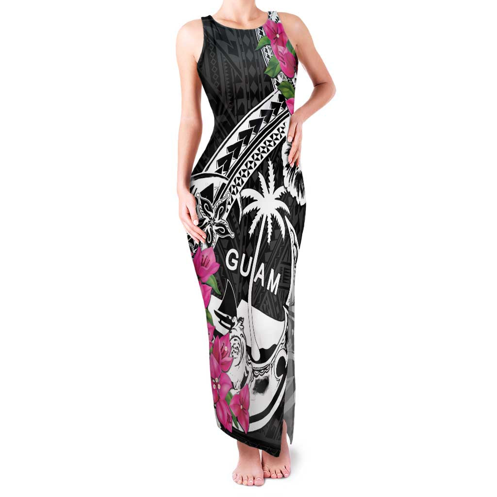 Guam Chamorro Family Matching Tank Maxi Dress and Hawaiian Shirt Bougainvillea Black Polynesian Tribal Pattern