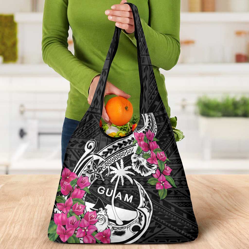 Guam Chamorro Grocery Bag Bougainvillea Black Polynesian Tribal Pattern
