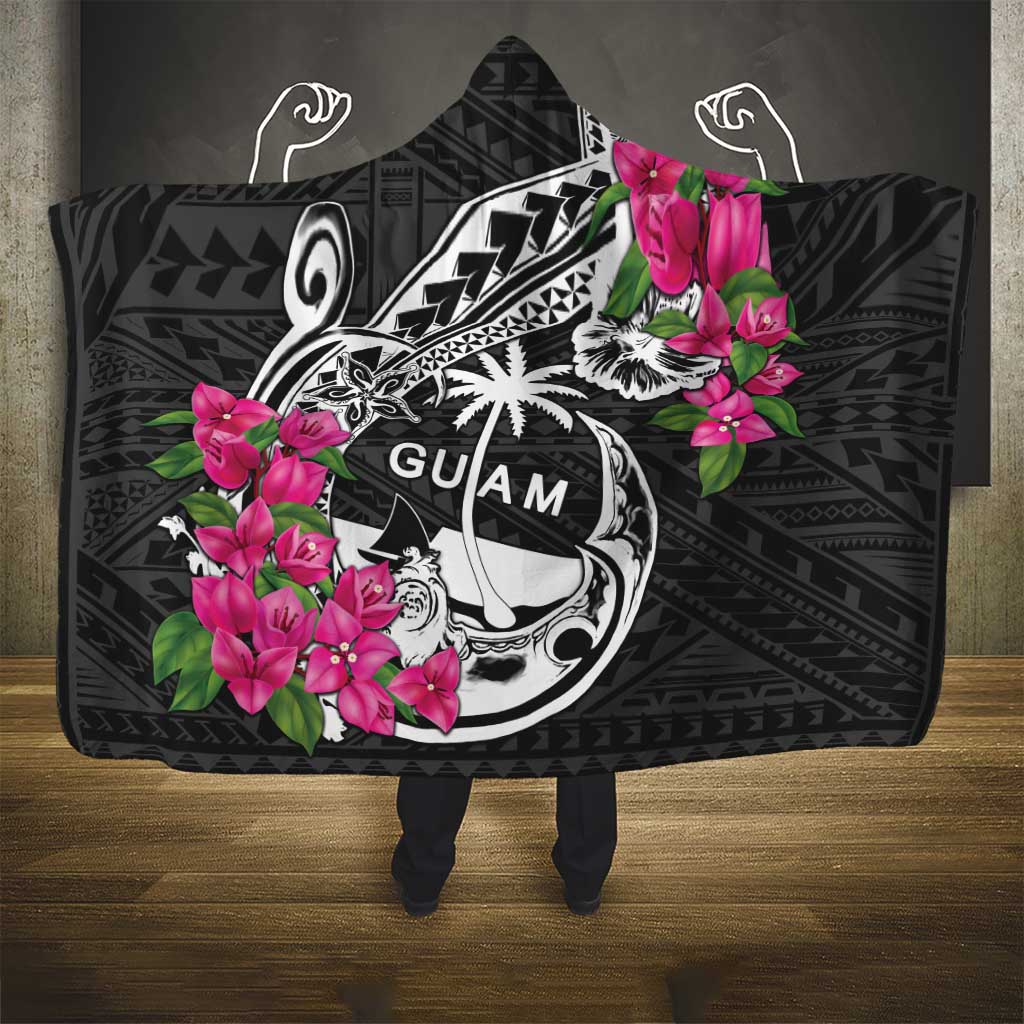 Guam Chamorro Hooded Blanket Bougainvillea Black Polynesian Tribal Pattern