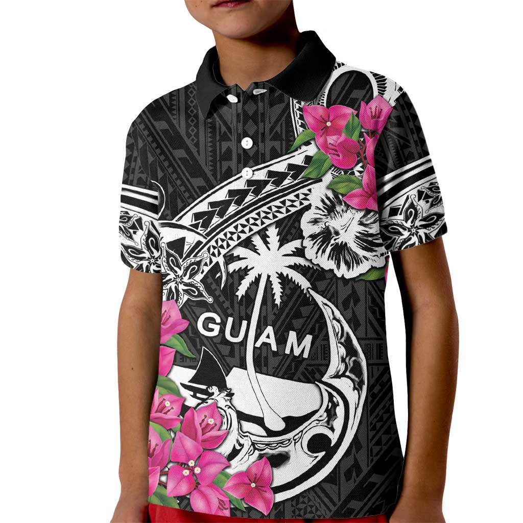 Guam Chamorro Kid Polo Shirt Bougainvillea Black Polynesian Tribal Pattern
