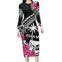 Guam Chamorro Long Sleeve Bodycon Dress Bougainvillea Black Polynesian Tribal Pattern