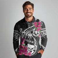 Guam Chamorro Long Sleeve Polo Shirt Bougainvillea Black Polynesian Tribal Pattern