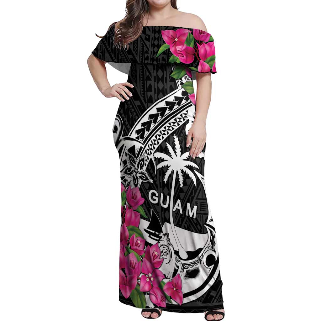 Guam Chamorro Off Shoulder Maxi Dress Bougainvillea Black Polynesian Tribal Pattern LT05 Women Black - Polynesian Pride