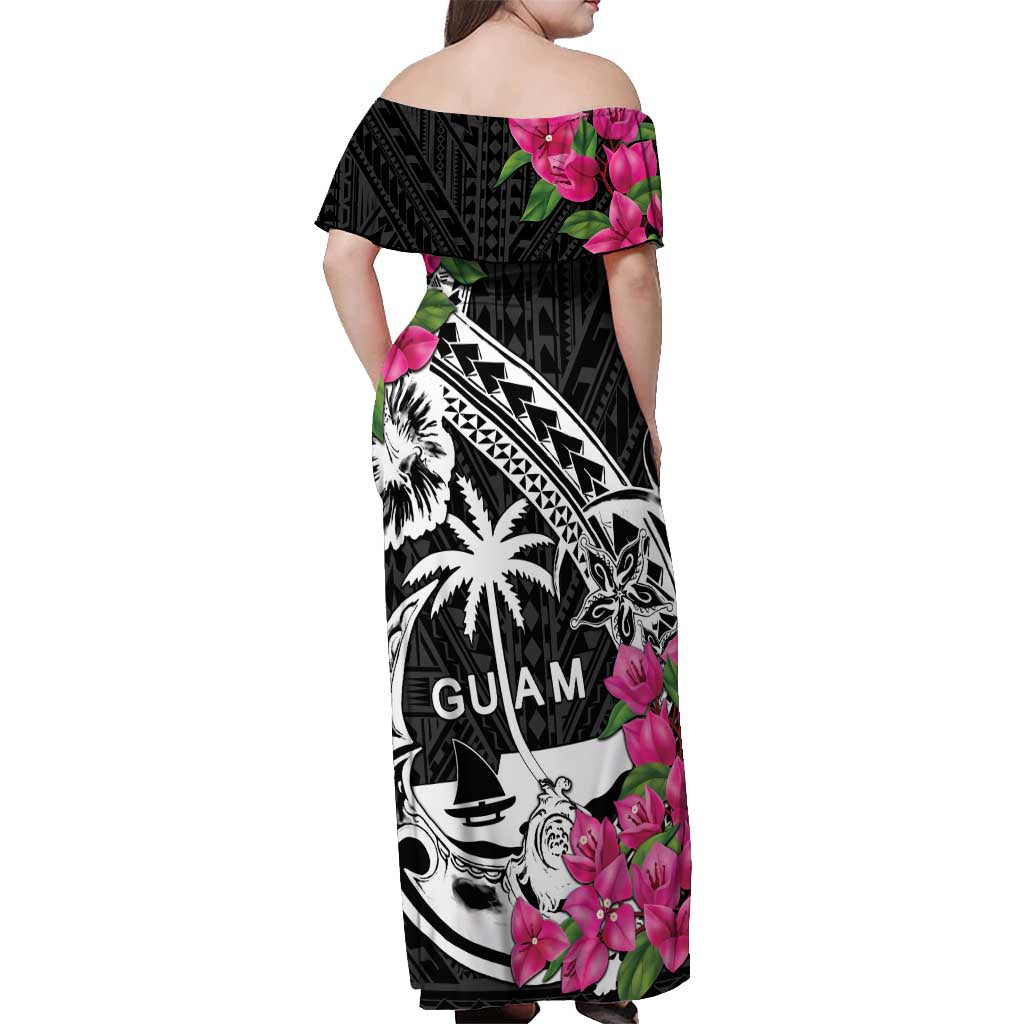 Guam Chamorro Off Shoulder Maxi Dress Bougainvillea Black Polynesian Tribal Pattern LT05 - Polynesian Pride