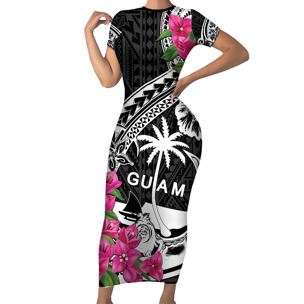 Guam Chamorro Short Sleeve Bodycon Dress Bougainvillea Black Polynesian Tribal Pattern