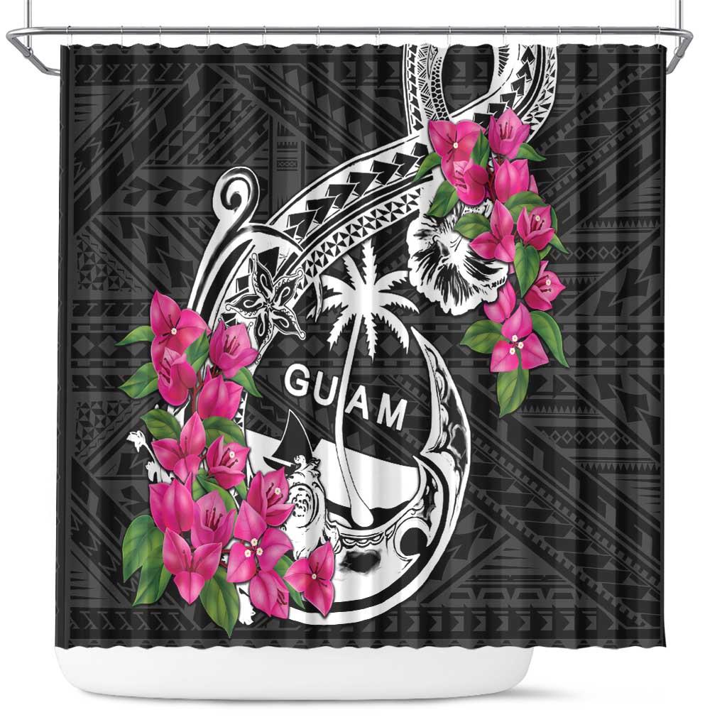 Guam Chamorro Shower Curtain Bougainvillea Black Polynesian Tribal Pattern