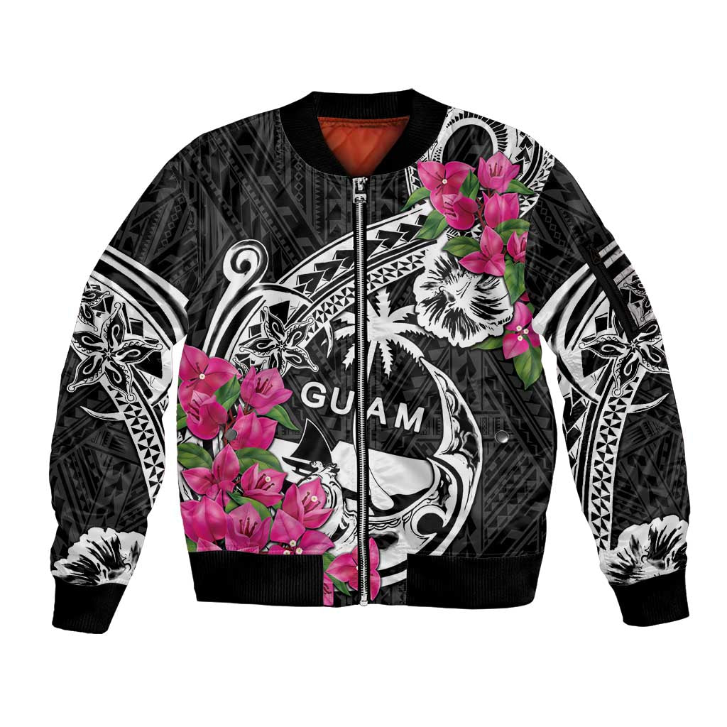 Guam Chamorro Sleeve Zip Bomber Jacket Bougainvillea Black Polynesian Tribal Pattern