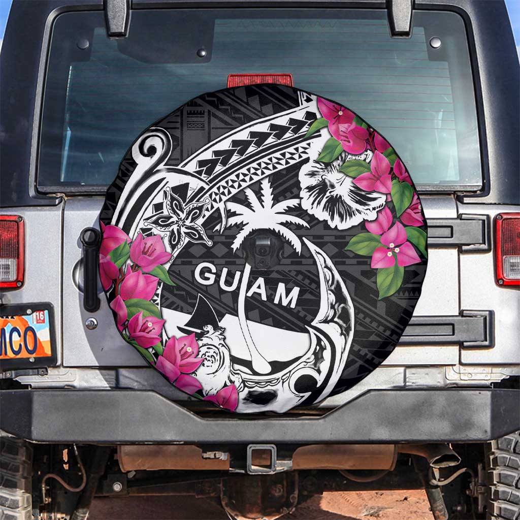 Guam Chamorro Spare Tire Cover Bougainvillea Black Polynesian Tribal Pattern
