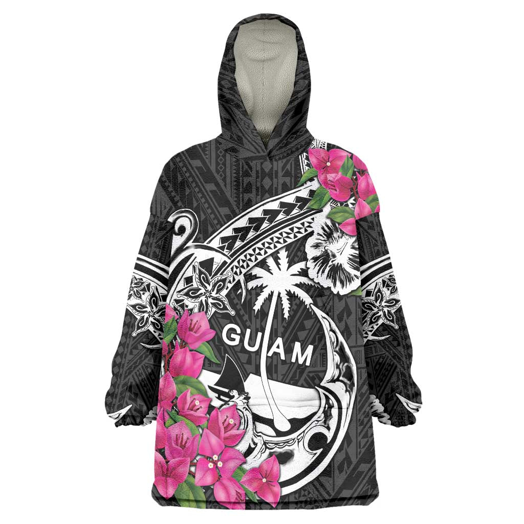 Guam Chamorro Wearable Blanket Hoodie Bougainvillea Black Polynesian Tribal Pattern