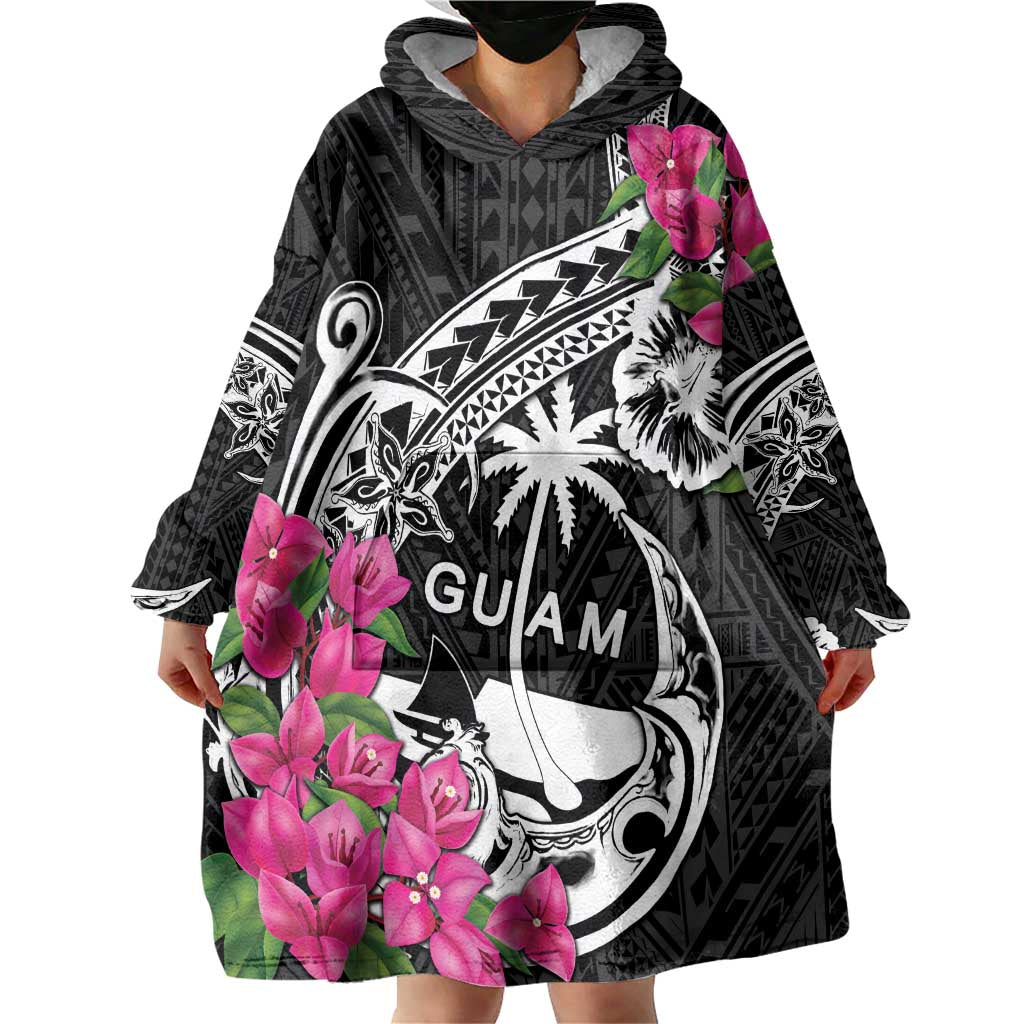 Guam Chamorro Wearable Blanket Hoodie Bougainvillea Black Polynesian Tribal Pattern
