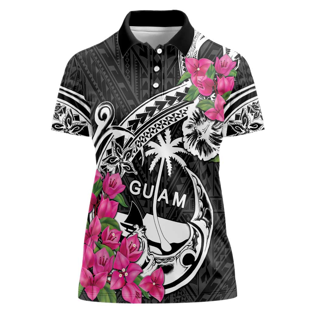 Guam Chamorro Women Polo Shirt Bougainvillea Black Polynesian Tribal Pattern