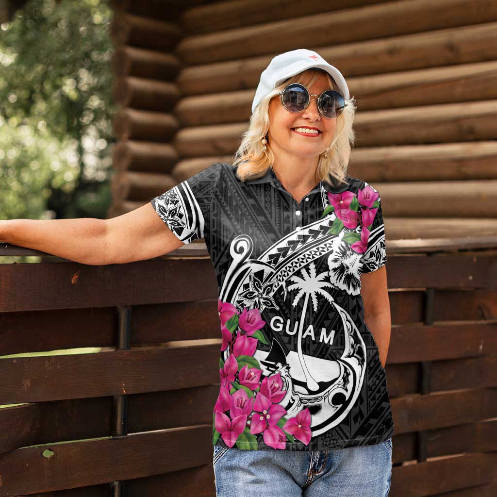 Guam Chamorro Women Polo Shirt Bougainvillea Black Polynesian Tribal Pattern