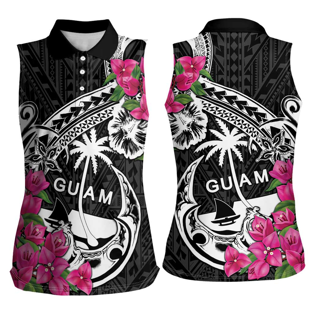 Guam Chamorro Women Sleeveless Polo Shirt Bougainvillea Black Polynesian Tribal Pattern