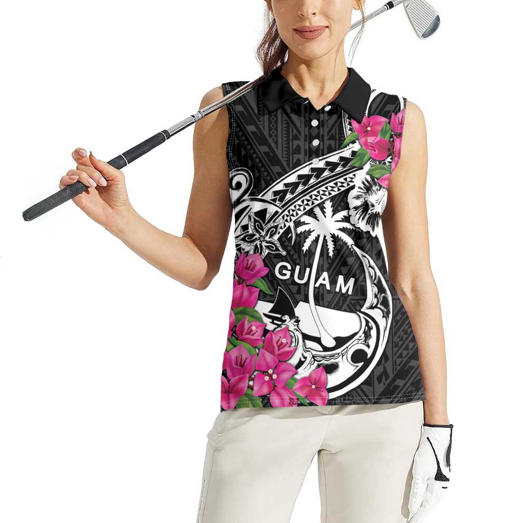 Guam Chamorro Women Sleeveless Polo Shirt Bougainvillea Black Polynesian Tribal Pattern