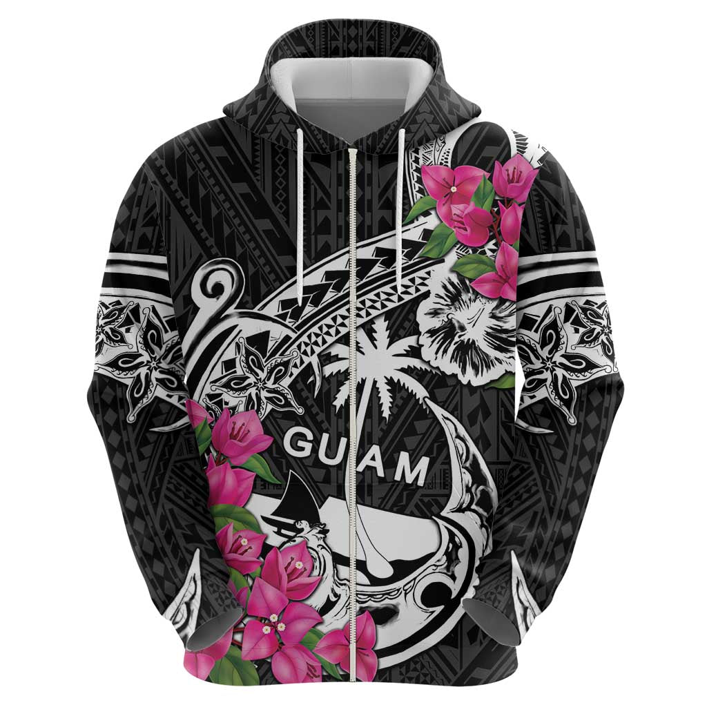 Guam Chamorro Zip Hoodie Bougainvillea Black Polynesian Tribal Pattern LT05 - Polynesian Pride