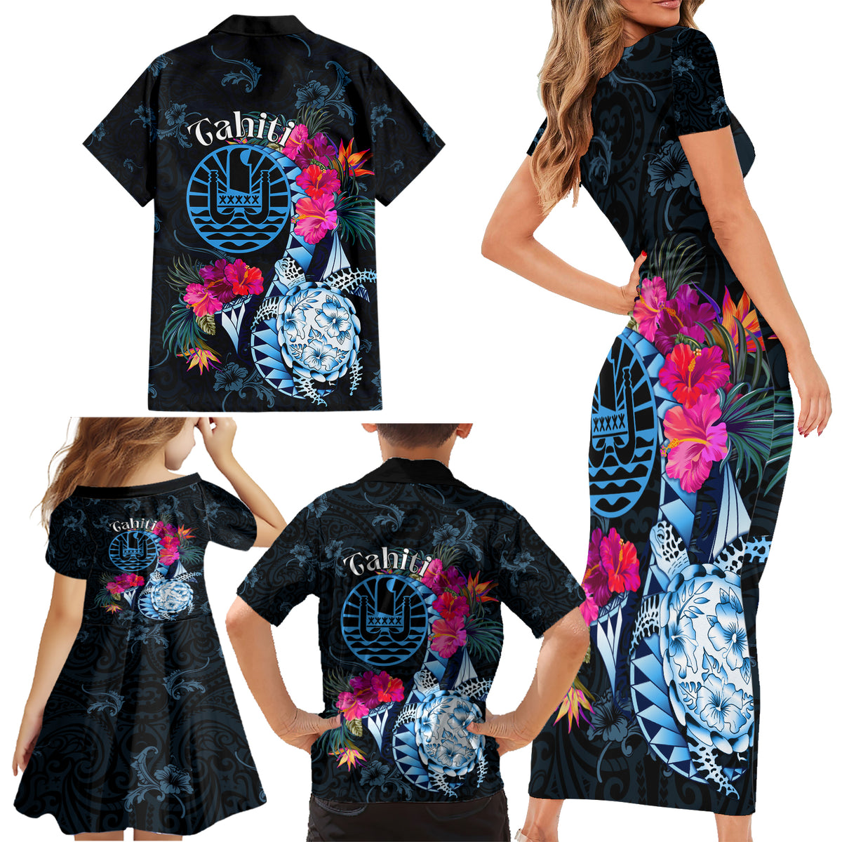 Tahiti Ia Orana Family Matching Short Sleeve Bodycon Dress and Hawaiian Shirt Polynesian Turtle With Coat Of Arms LT05 - Polynesian Pride