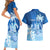 Personalised Bula Fiji Couples Matching Short Sleeve Bodycon Dress and Hawaiian Shirt Fijian Masi Pattern With Blue Coat Of Arms LT05 - Polynesian Pride