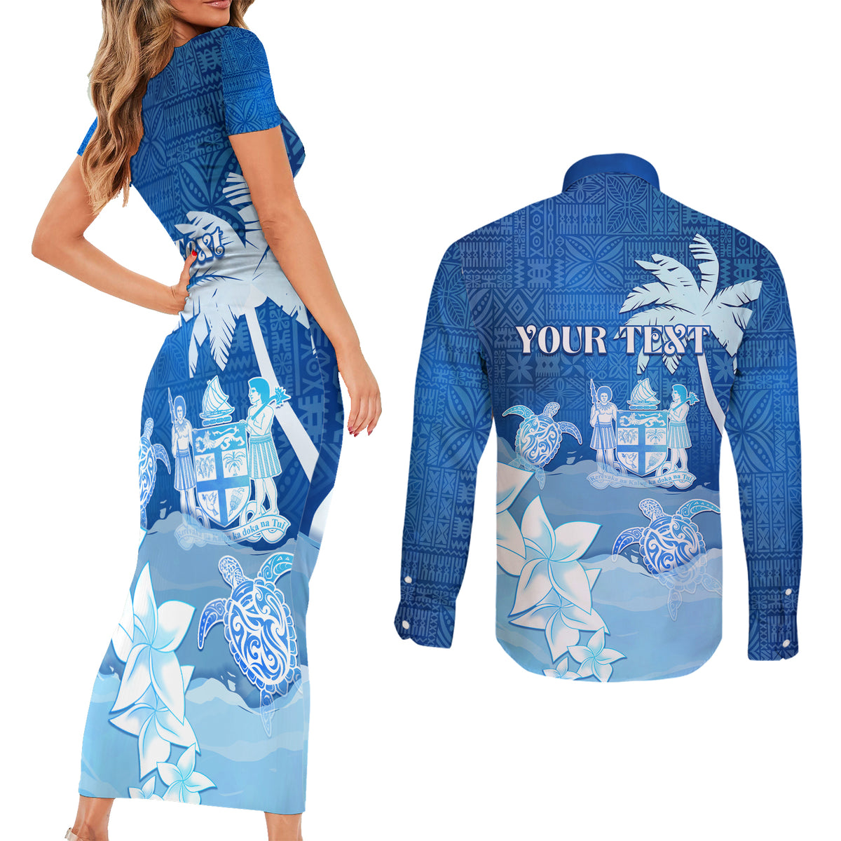 Personalised Bula Fiji Couples Matching Short Sleeve Bodycon Dress and Long Sleeve Button Shirt Fijian Masi Pattern With Blue Coat Of Arms LT05 - Polynesian Pride