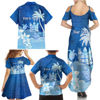 Personalised Bula Fiji Family Matching Summer Maxi Dress and Hawaiian Shirt Fijian Masi Pattern With Blue Coat Of Arms LT05 - Polynesian Pride