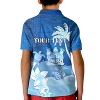Personalised Bula Fiji Kid Polo Shirt Fijian Masi Pattern With Blue Coat Of Arms LT05 - Polynesian Pride