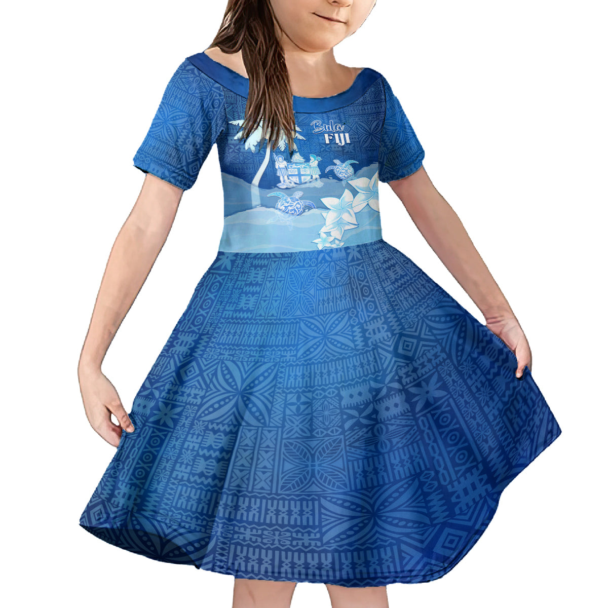 Personalised Bula Fiji Kid Short Sleeve Dress Fijian Masi Pattern With Blue Coat Of Arms LT05 KID Blue - Polynesian Pride