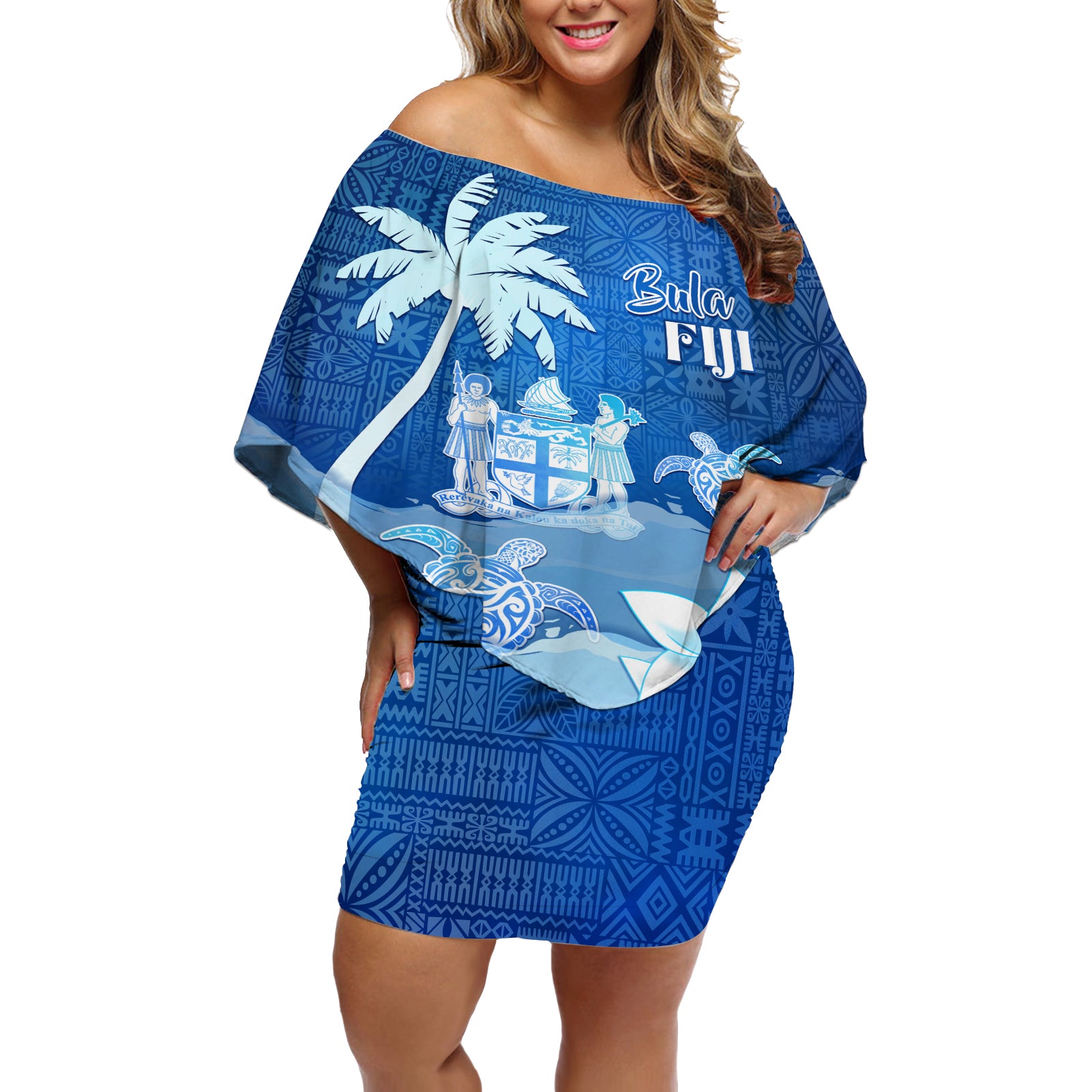 Personalised Bula Fiji Off Shoulder Short Dress Fijian Masi Pattern With Blue Coat Of Arms LT05 Women Blue - Polynesian Pride