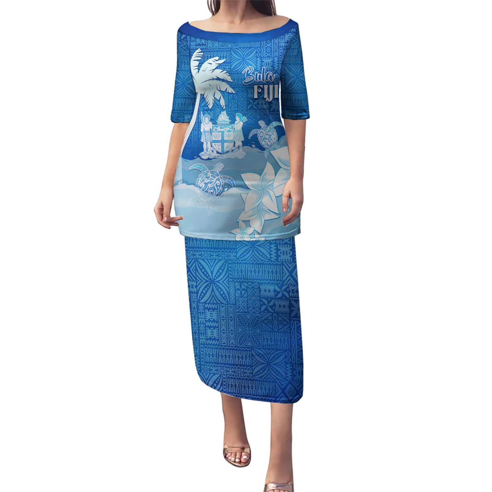 Personalised Bula Fiji Puletasi Fijian Masi Pattern With Blue Coat Of Arms LT05 Long Dress Blue - Polynesian Pride
