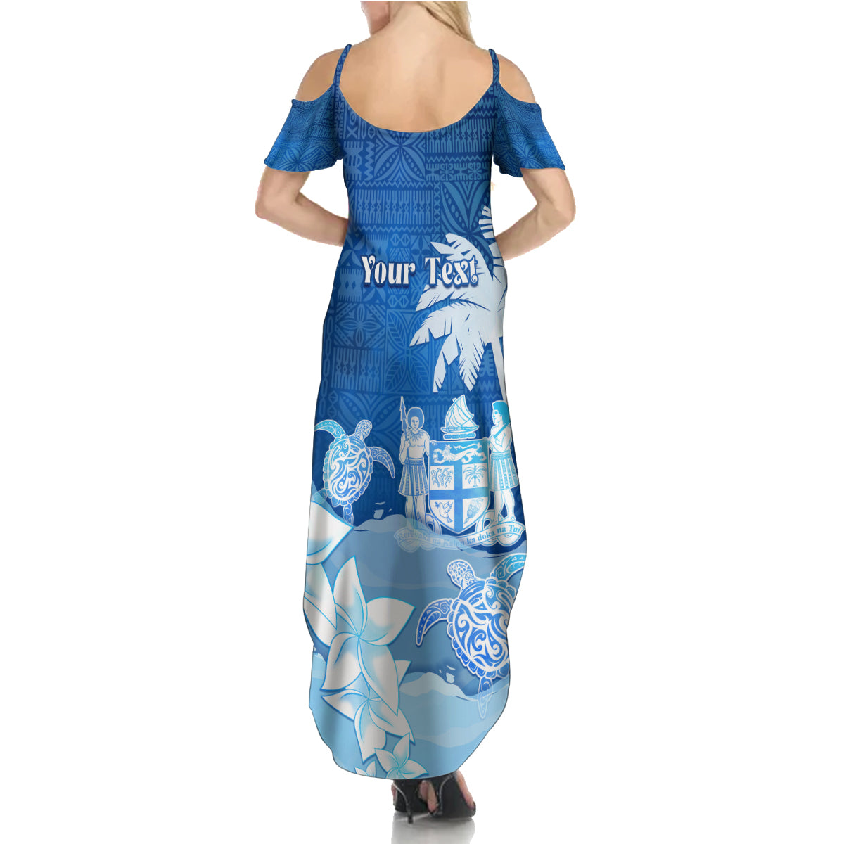 Personalised Bula Fiji Summer Maxi Dress Fijian Masi Pattern With Blue Coat Of Arms LT05 - Polynesian Pride