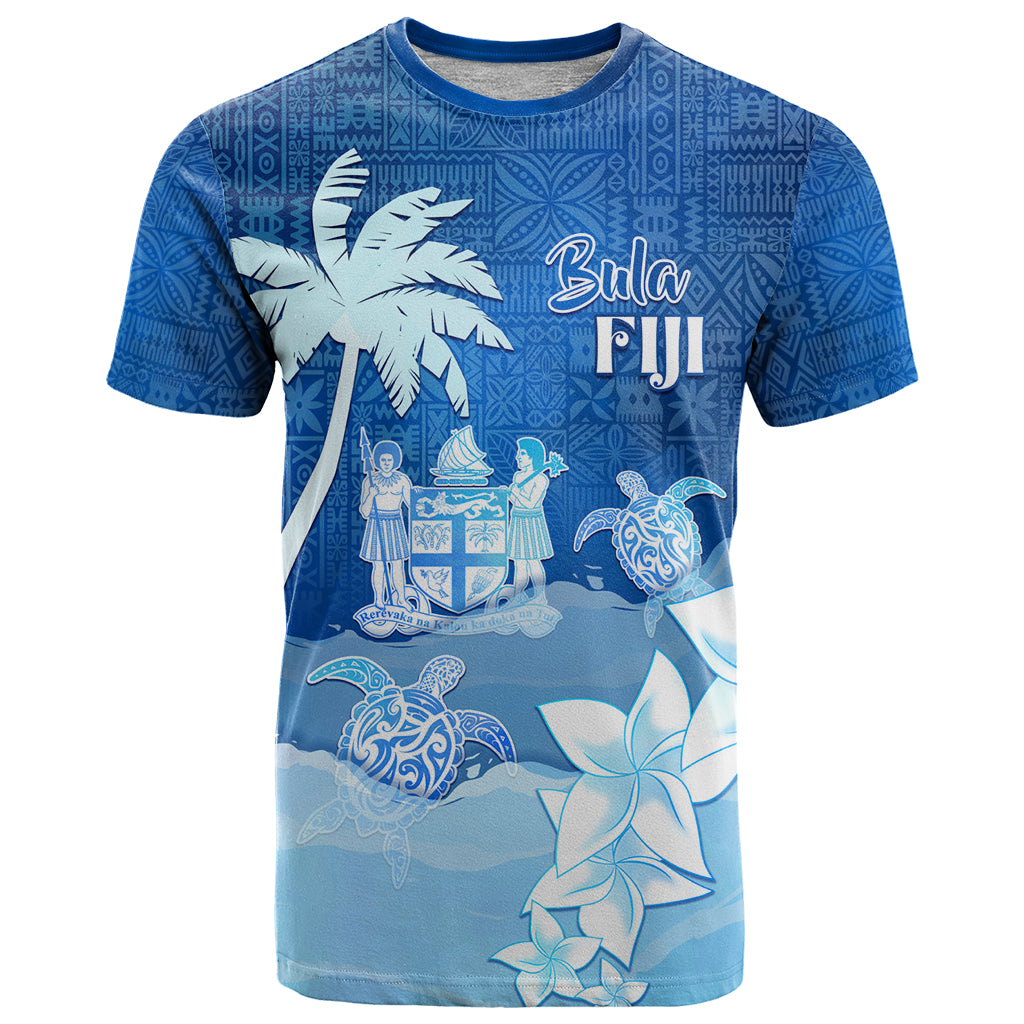 Personalised Bula Fiji T Shirt Fijian Masi Pattern With Blue Coat Of Arms LT05 Blue - Polynesian Pride