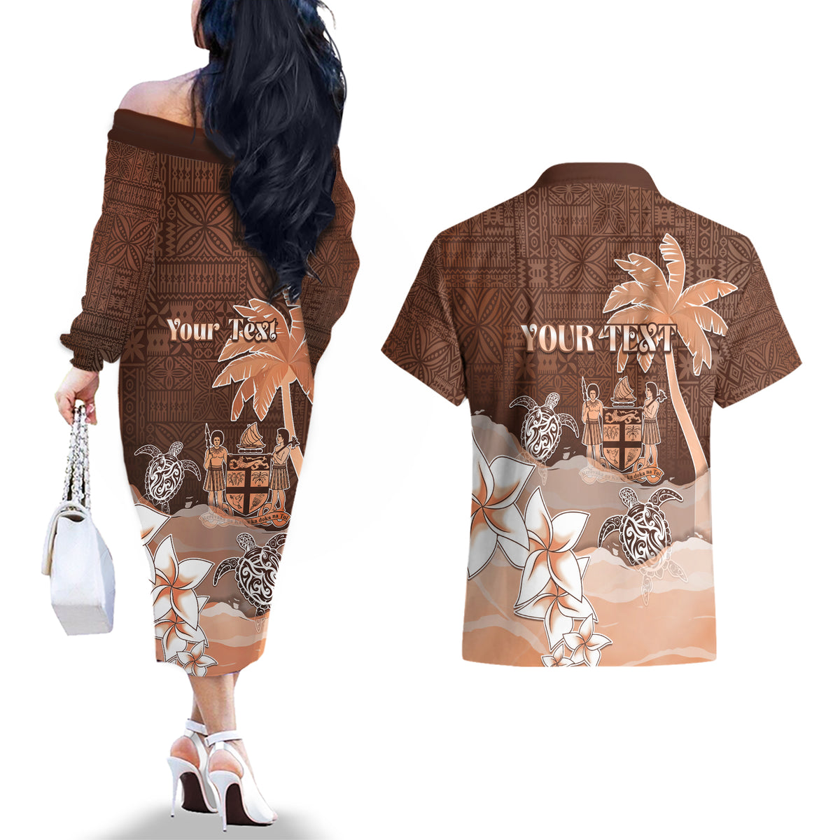 Personalised Bula Fiji Couples Matching Off The Shoulder Long Sleeve Dress and Hawaiian Shirt Fijian Masi Pattern With Brown Coat Of Arms LT05 - Polynesian Pride