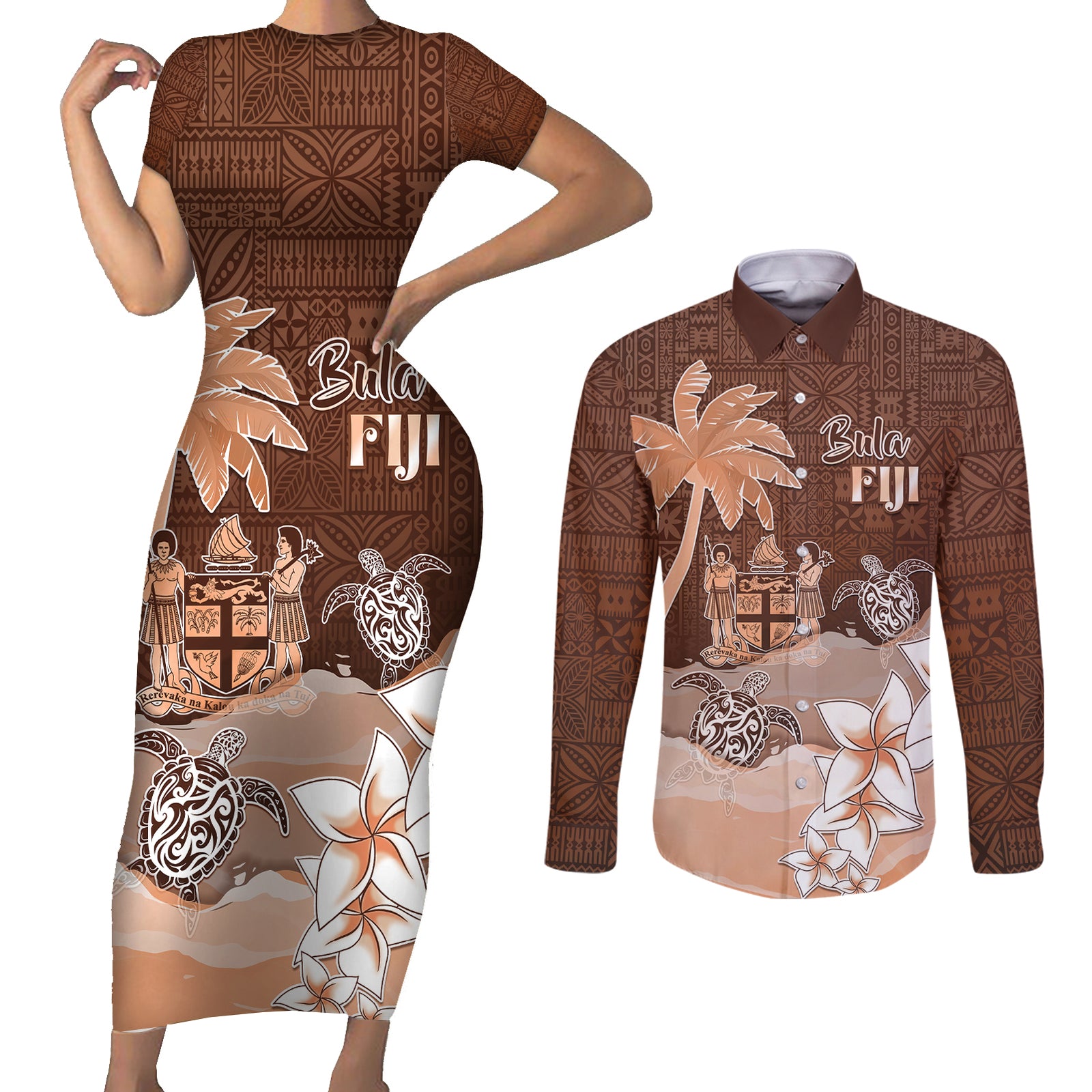Personalised Bula Fiji Couples Matching Short Sleeve Bodycon Dress and Long Sleeve Button Shirt Fijian Masi Pattern With Brown Coat Of Arms LT05 Brown - Polynesian Pride