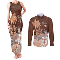 Personalised Bula Fiji Couples Matching Tank Maxi Dress and Long Sleeve Button Shirt Fijian Masi Pattern With Brown Coat Of Arms LT05 Brown - Polynesian Pride